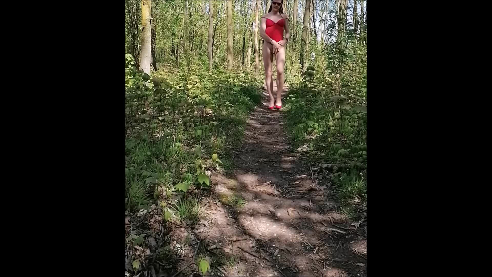 walk in red swimsuit and heels